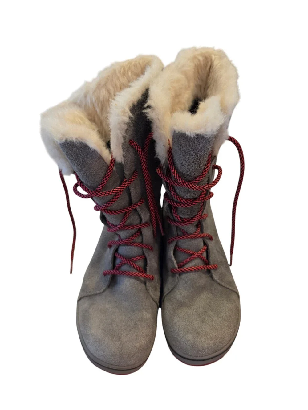 Sorel Women's Sz 7.5 Glacy Lace Snow Boots Gray Suede w/ Red Laces